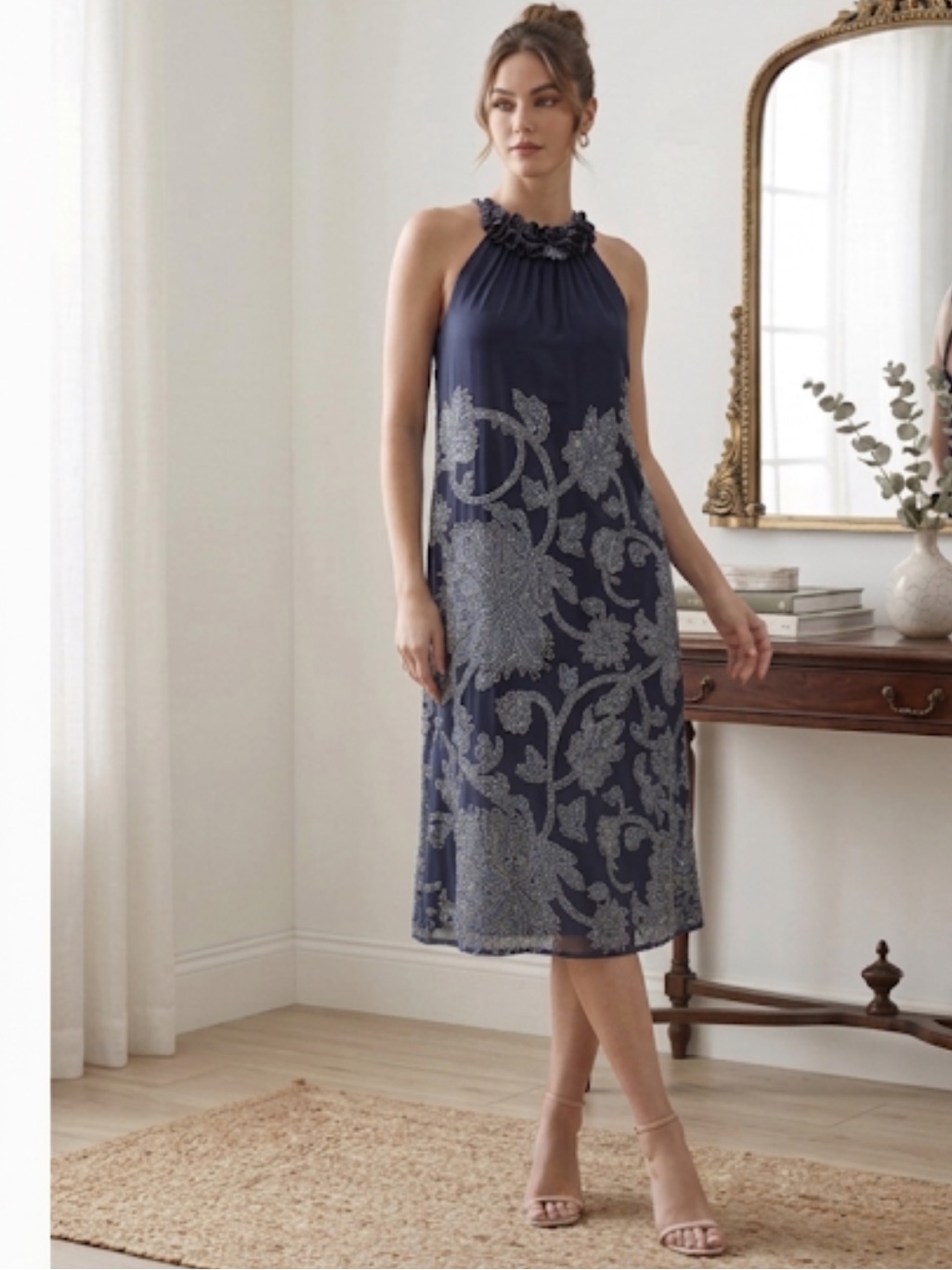 Elegant Navy Blue Floral Dress